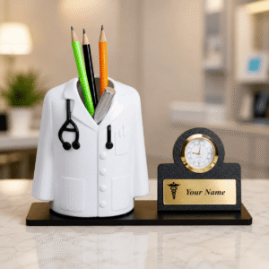 Personalized Doctor Coat Pen Stand With Clock