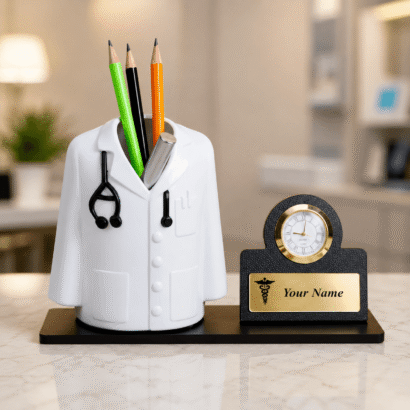 Doctor Coat Pen Stand with Clock Desk Organizer