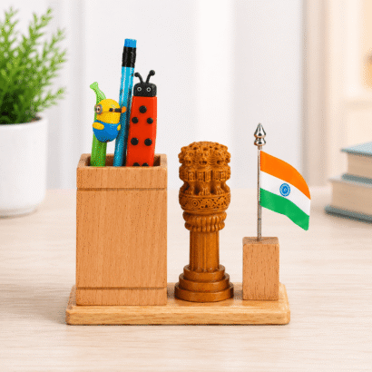 Wooden Ashoka Pillar Pen Stand with Indian Flag