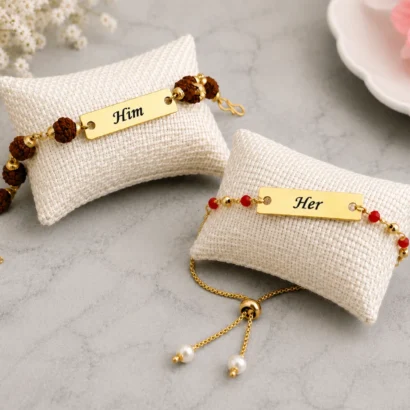 Bhaiya Bhabhi Name Rakhi Set with Rudraksha Beads