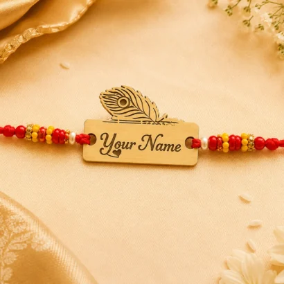 Peacock Feather Name Rakhi with Red & Yellow Beads