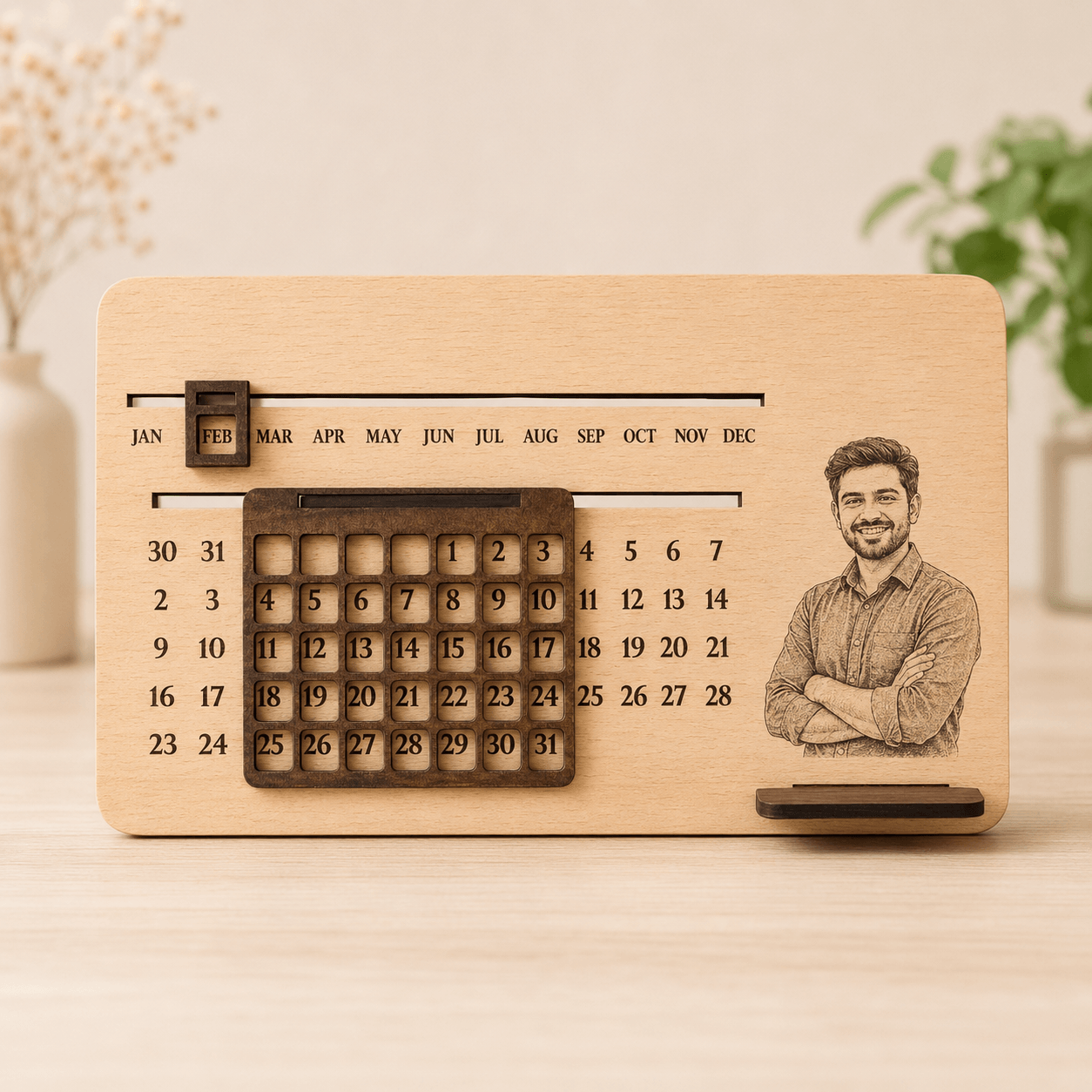Wooden Perpetual Calendar with Photo Engraving