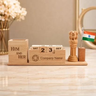 Wooden Desk Organizer With Calendar & Flag Stand