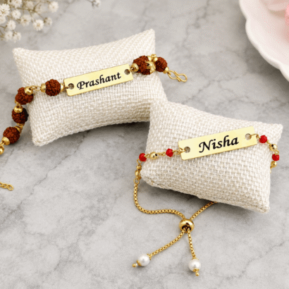 Bhaiya Bhabhi Name Rakhi Set with Rudraksha Beads