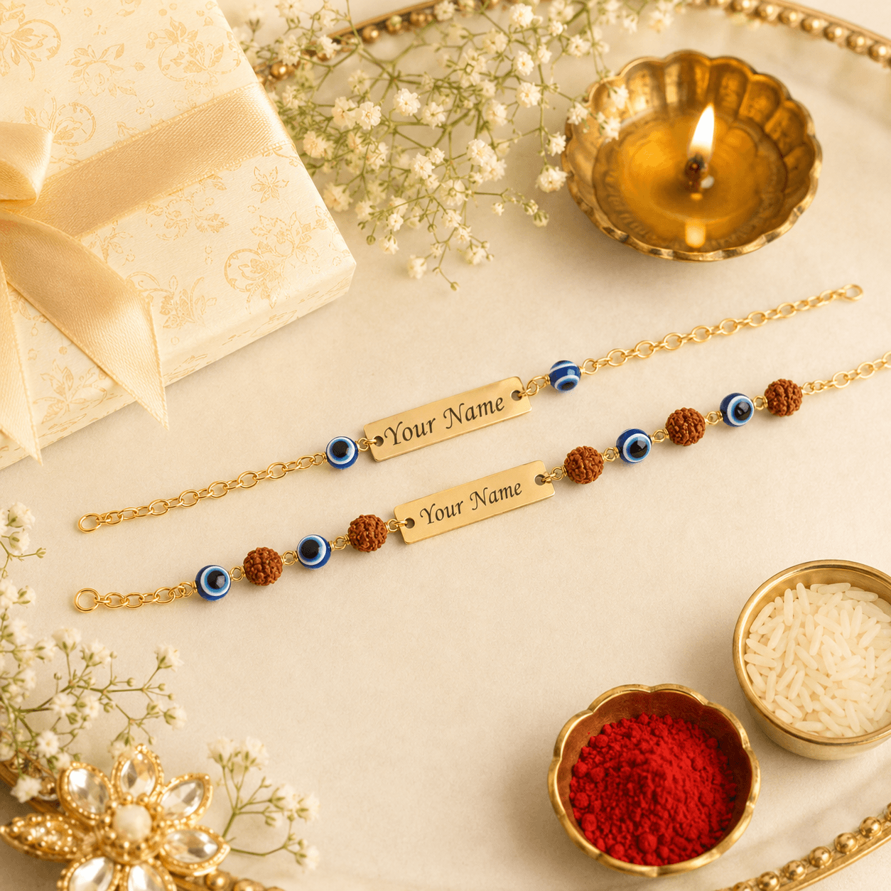 Name Bhaiya bhabhi Rakhi Set with Roli Chawal