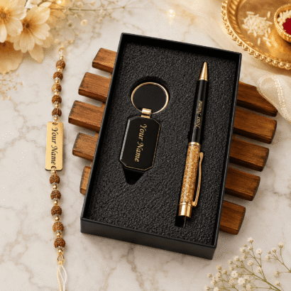 Rudraksha Rakhi Gift Set with Pen & Keychain