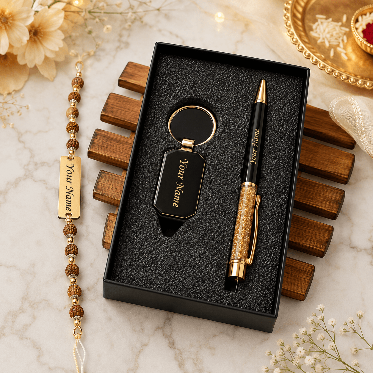 Rudraksha Rakhi Gift Set with Pen & Keychain