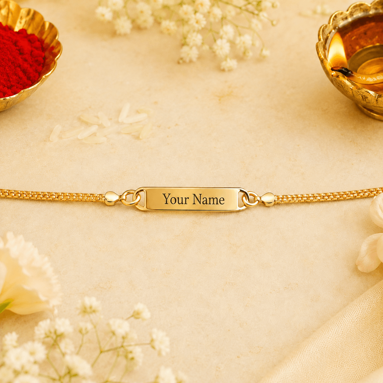 Gold Chain Name Plate Bracelet Rakhi