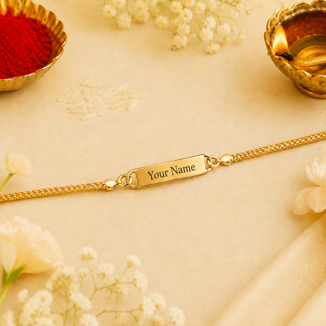 Gold Chain Name Plate Bracelet Rakhi - Image 2