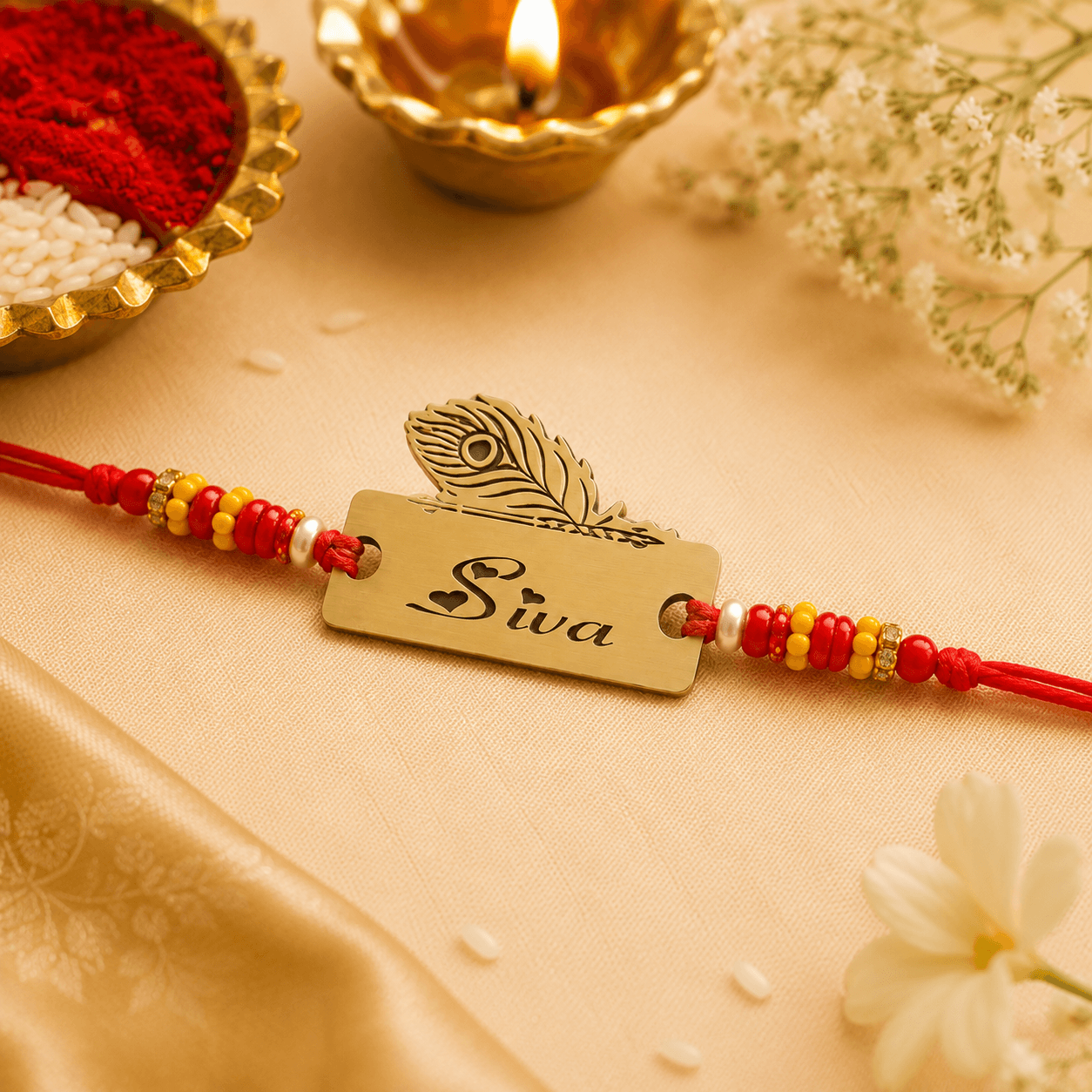 Peacock Feather Name Rakhi with Red & Yellow Beads - Image 2
