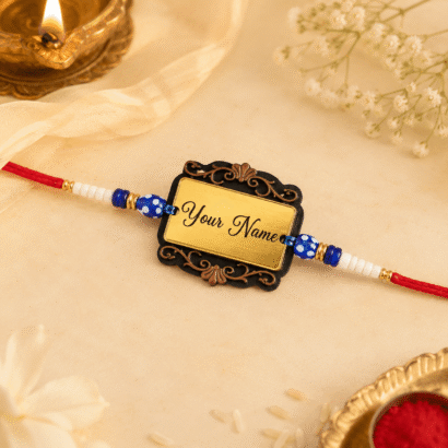 Royal Frame Name Rakhi with Blue & White Beads