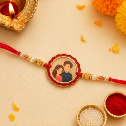 Round Photo Rakhi with Red & Gold Frame