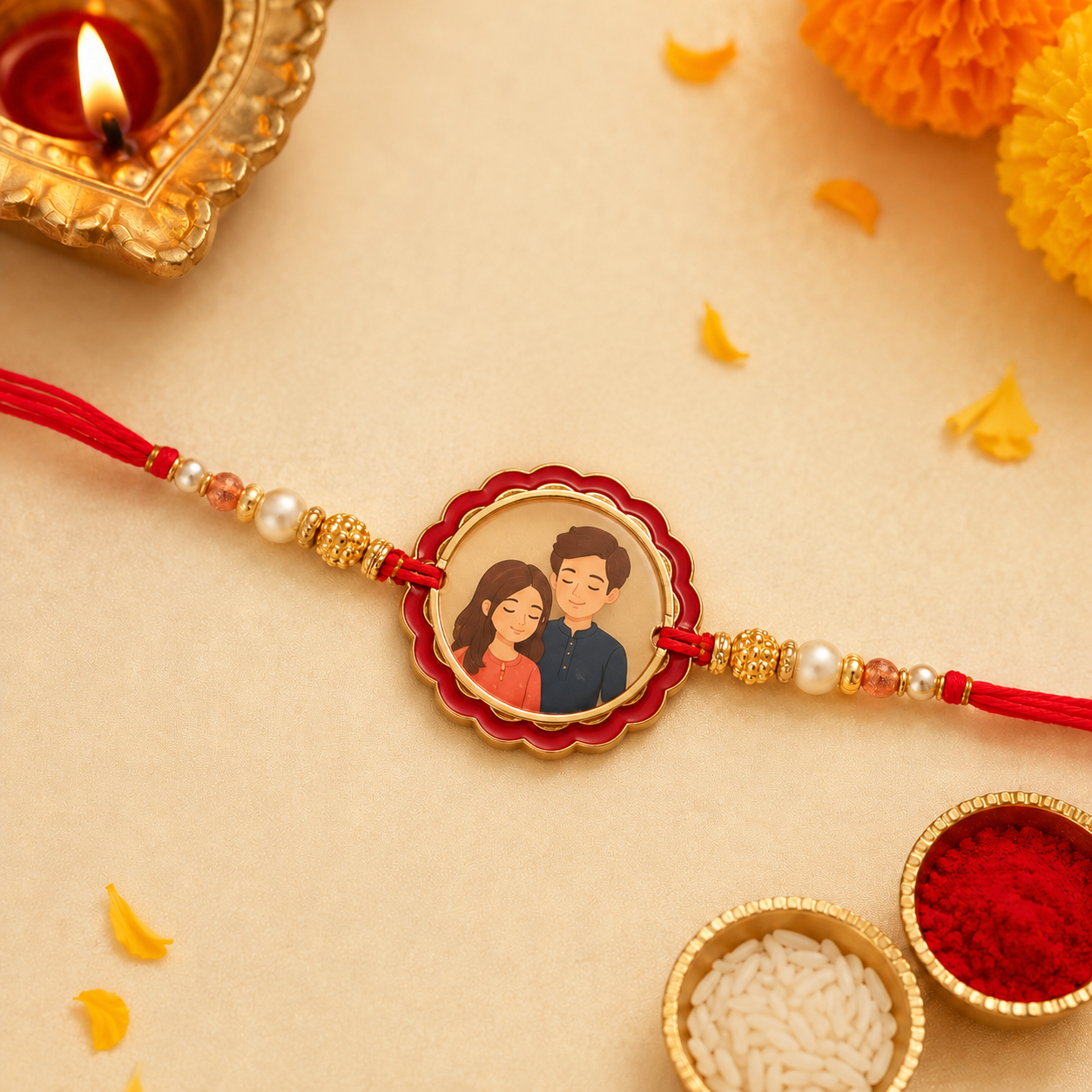 Round Photo Rakhi with Red & Gold Frame
