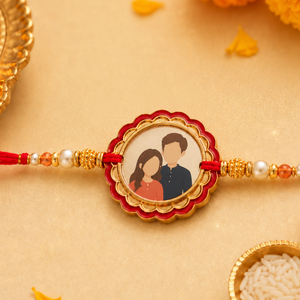 Round Photo Rakhi with Red & Gold Frame - Image 2