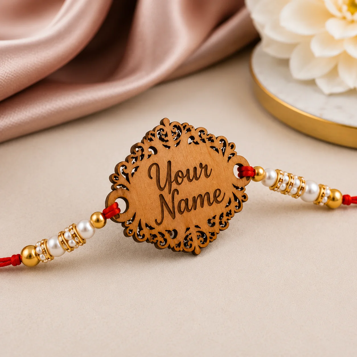Designer Wooden Name Rakhi - Image 2