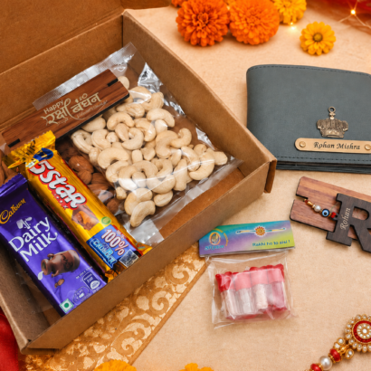 Personalized Wooden Alphabet Rakhi Gift Hamper